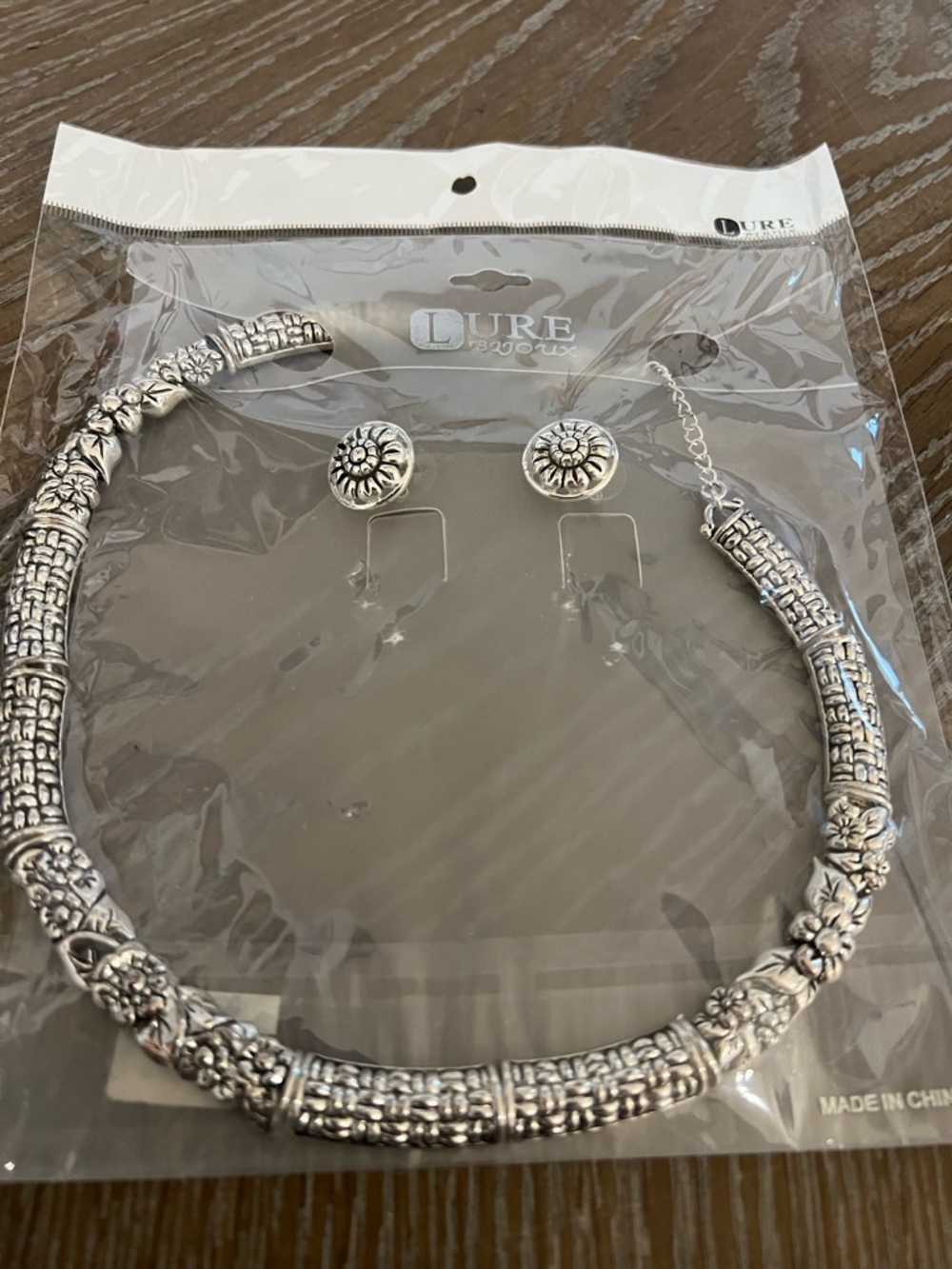 Silver Floral Tube Necklace with Matching Sunburst Earrings